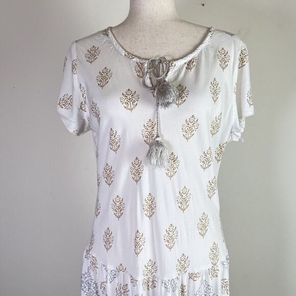 Sundance Maxi Dress Short Sleeve Size Large White Cream Tassel Tiered Boho - Picture 2 of 13